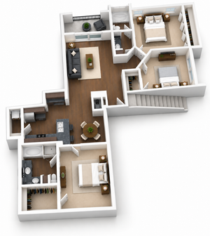Elegant 3D floor plan showcasing a modern apartment with 3 spacious bedrooms, open living area, and a well-appointed kitchen.