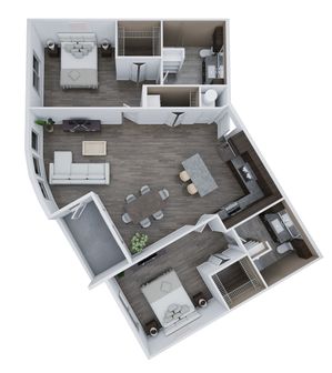 Modern 3D floor plan of Unit G1 showcasing 2 bedrooms and 2 bathrooms with an open-concept living and dining area, elegant kitchen, and chic design across 1,292 sq. ft.