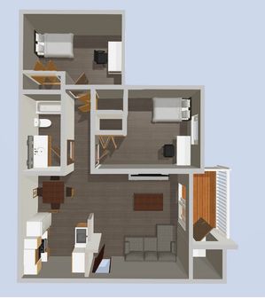 Modern 3D floor plan showcasing 2 bedrooms, elegant living room, sleek kitchen, and cozy dining area, perfect for stylish living.