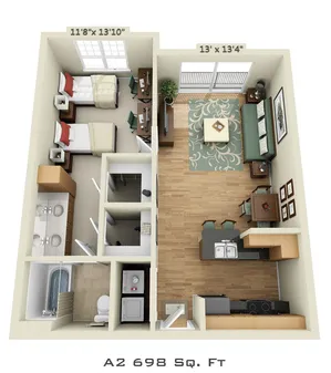 3D floor plan of a 698 sq. ft. apartment with two bedrooms, open living and dining area, and a modern kitchen.