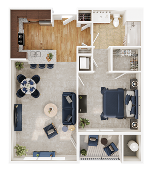 Modern 2D floor plan showcasing an inviting one-bedroom apartment with a spacious open-concept living area, stylish kitchen with a breakfast bar, cozy dining space, and a private balcony for relaxation.