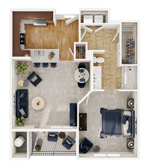 Contemporary floor plan showcasing a spacious 1-bedroom layout with open-concept living room, stylish kitchen featuring an island, comfortable bathroom, and inviting patio area.