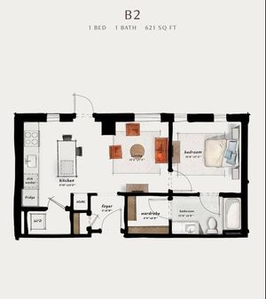 B2 | 1 Bed 1 Bath 621 square feet