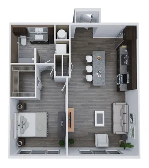 Modern 3D floor plan of Unit B2 showcasing 1 bedroom and 1 bath over 797 sq. ft., featuring a stylish open-concept living area with a sleek kitchen and cozy living room.