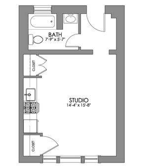 Chic studio apartment floor plan with a spacious open area, cozy bathroom, and convenient closets.