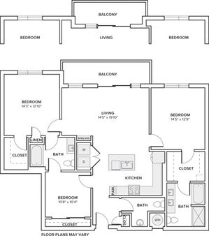 1379 square foot three bedroom two bath apartment floorplan image
