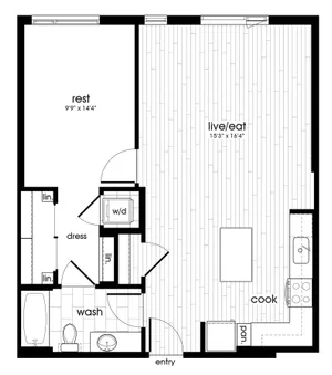 Open concept floor plan with one bedroom, living area, kitchen, and bathroom featuring modern amenities.