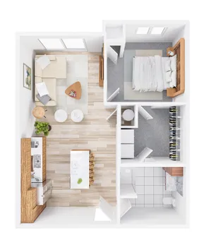 Modern 2D floor plan highlighting a cozy bedroom, stylish open-concept living area, and a sleek kitchen with an island. Ideal for comfortable urban living.