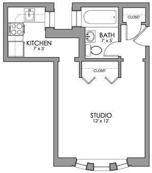 Charming studio floor plan featuring a cozy kitchen, full bathroom, and generous closet space in a 12x12 open living area.