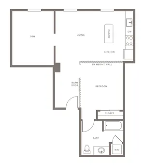 Modern open-concept floor plan featuring a spacious living area, stylish kitchen with island, cozy den, inviting bedroom with barn door, and a well-appointed bath.
