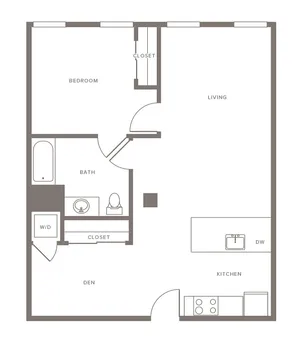 Modern floor plan showcasing a spacious 1-bedroom apartment with a den, open living area, contemporary kitchen with island, and convenient bathroom layout.