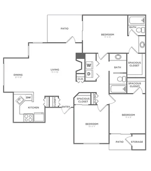 Three Bedroom Two Bath (1205 SF)