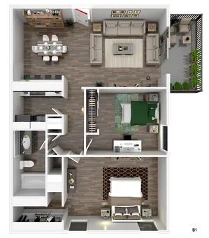 Modern 3D floor plan showcasing 2 bedrooms, elegant living area, and private balcony with lush greenery.