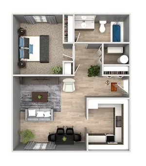 Chic 2D floor plan showcasing a 1-bedroom apartment with an open living room, modern kitchen, and well-appointed bathroom.