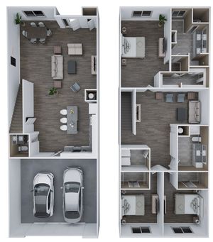 Elegant 3D floor plan of Residence B showcasing 3 bedrooms and 2.5 bathrooms over two spacious levels. Includes a vibrant open-concept living and dining area, modern kitchen, and double car garage. Total area of 2,577 sq. ft.