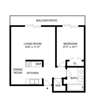1 BR x 1 BA with Washer/Dryer Floorplan