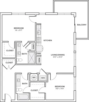 1235 square foot two bedroom two bath apartment floorplan image