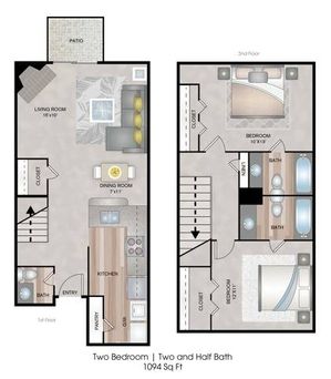 Two Bedrooms | Two and a Half Bathrooms | Townhome | 1094 sqft | Patio | Full-Size Washer/Dryer Connections | Fireplace
