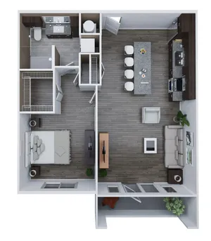 Unit B3 modern floor plan featuring 1 bedroom, 1 bathroom, a gourmet kitchen, and a cozy living area, covering 825 sq. ft.