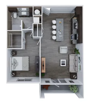 Modern floor plan of Unit B3 featuring 1 bedroom, 1 bath with open-concept kitchen and living area, 825 sq. ft.