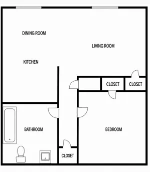 Modern 2D floor plan with a spacious living room, dedicated dining area, functional kitchen, one bedroom with ample closets, and a convenient bathroom.