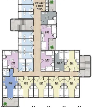 Contemporary floor plan showcasing multiple apartments with shared washer/dryer area, featuring units ranging from 110 to 290 sq ft.
