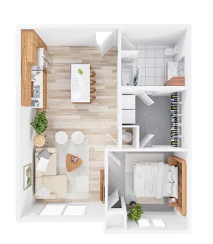 Modern apartment floor plan featuring one spacious bedroom, an open-concept living and kitchen area with an island, and a sleek bathroom. Bright and inviting layout with ample storage space and stylish furnishings.