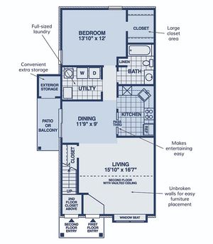 Elegant floor plan featuring a spacious bedroom with large closet, open living room with vaulted ceiling, and modern kitchen with convenient pass-thru. Includes dining area, full-sized laundry, exterior storage, and cozy patio or balcony.