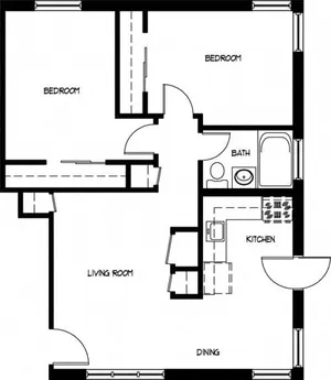 Chic floor plan showcasing 2 cozy bedrooms, a modern kitchen, and a welcoming living space.