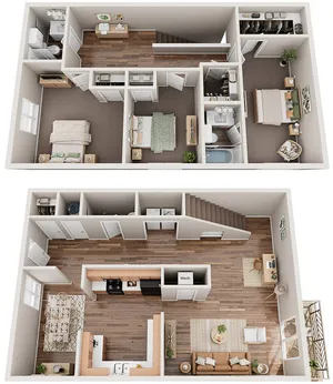Spacious two-story floor plan featuring three bedrooms, an elegant open-concept living area, a modern kitchen with island, and a dedicated dining space. Ideal for comfortable family living.