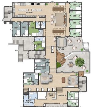 Modern floor plan featuring open communal spaces, multiple bedrooms, a spacious kitchen, and inviting outdoor patio areas.