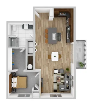 Modern floor plan showcasing a chic 1-bedroom apartment with an open-concept kitchen, stylish living area, and intimate balcony.
