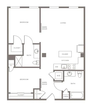 Modern floor plan showcasing 2 spacious bedrooms, elegant open-concept living area, and sleek kitchen with island.