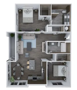 Unit F1 spacious floor plan with 2 bedrooms, 2 baths, modern kitchen, and open living area, totaling 1,263 sq. ft.