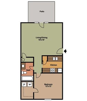 Modern floor plan featuring an open 19\'x19\' living and dining area, cozy 12\'x12\' bedroom, efficient kitchen layout, and relaxing patio space.