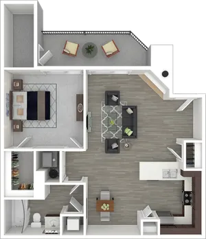 Modern 2D apartment floor plan featuring one spacious bedroom, open-concept living and dining area, sleek kitchen, cozy balcony, and well-appointed bathroom.