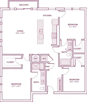 1373 square foot three bedroom two bath apartment floor plan in Houston, TX