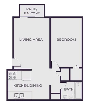 Modern floor plan featuring a spacious living area, cozy bedroom, and functional kitchen/dining space with patio access.