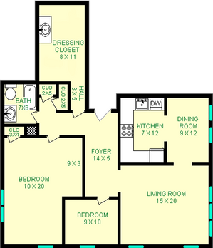 Panther Hollow floorplan shows roughly 1070 square feet, with two bedrooms, a bathroom, living room, dining room and kitchen. There is also an additional dressing closet.