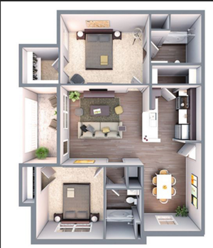 Modern 2D floor plan with 2 bedrooms, open living and dining area, sleek kitchen, and two bathrooms.