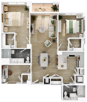 Chic 3D floor plan with 2 bedrooms, open living area, modern kitchen, and two bathrooms.