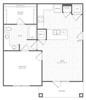 Modern 1-bedroom apartment floor plan features a spacious walk-in closet, sleek kitchen with island, and a private balcony.