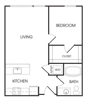 Cozy floor plan showcasing a spacious bedroom, open living area, modern kitchen, and functional bath with utility space.