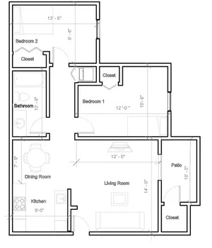 Modern 2D floor plan featuring 2 cozy bedrooms, a stylish living room, dining area, fully-equipped kitchen, patio, and ample closet space.