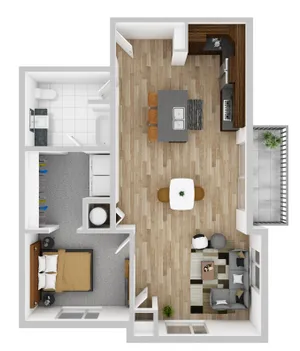 Elegant 2D floor plan showcasing a modern one-bedroom apartment with an open living area, sleek kitchen, and spacious balcony.