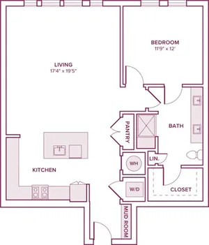 894 square foot one bedroom one bath apartment floor plan in Houston, TX