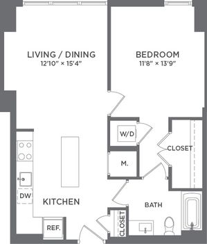 Modern floor plan featuring one bedroom, open living and dining space, efficient kitchen with island, and convenient in-unit laundry.