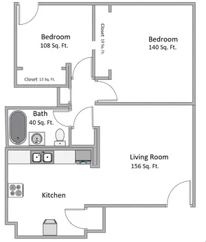 Chic floor plan displaying 2 cozy bedrooms, a spacious living room, functional kitchen, elegant bath, and ample closet spaces.