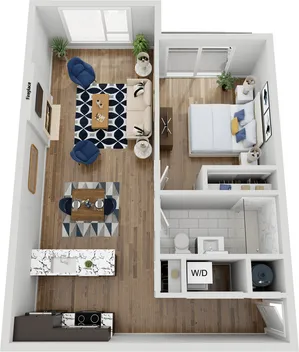 Contemporary 1-bedroom apartment floor plan with open living area, modern kitchen, and convenient bathroom.