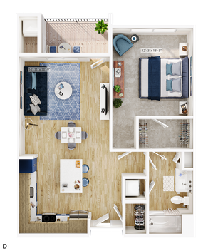 Contemporary 2D floor plan featuring one spacious bedroom, open-concept living and dining area, modern kitchen, and a cozy balcony.
